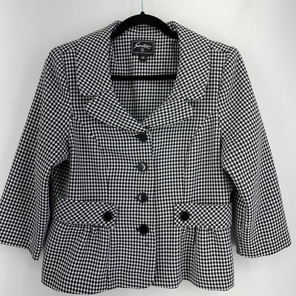Sweet Suit Womens 14 Houndstooth Blazer Jacket Black White 3/4 Sleeve Academia